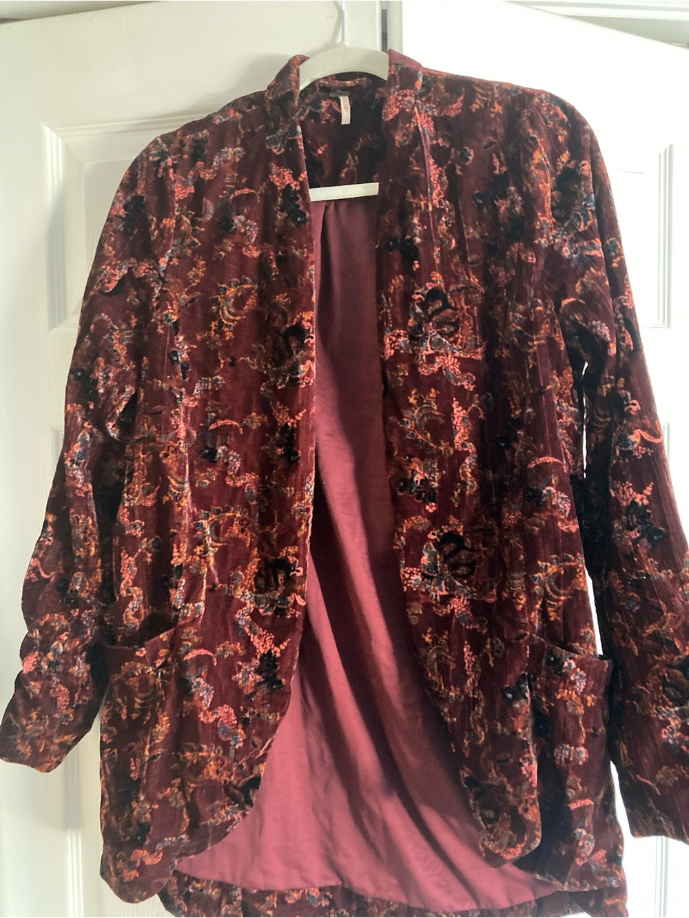 Free People Burgundy Floral Devore Velvet Open Cardigan